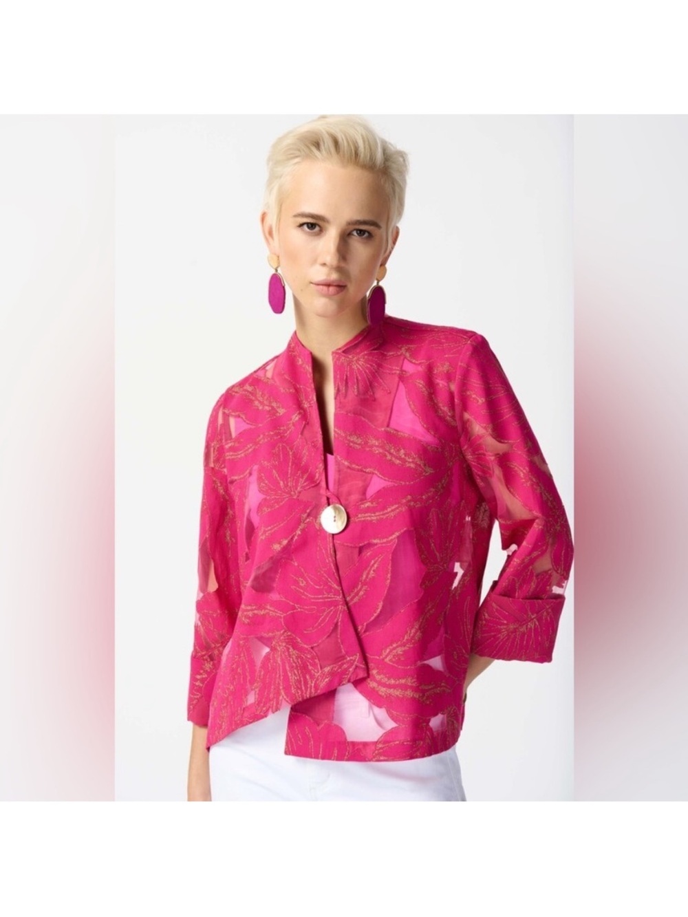 Joseph Ribkoff Deep Pink Cropped Sheer Panel Jacket Style 242219 NWOT